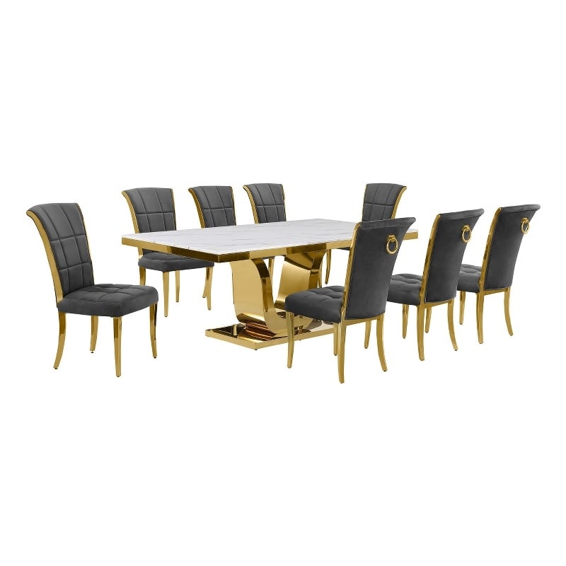 Best Quality Furniture White Marble Dining Set with Dark Gray Velvet Chairs