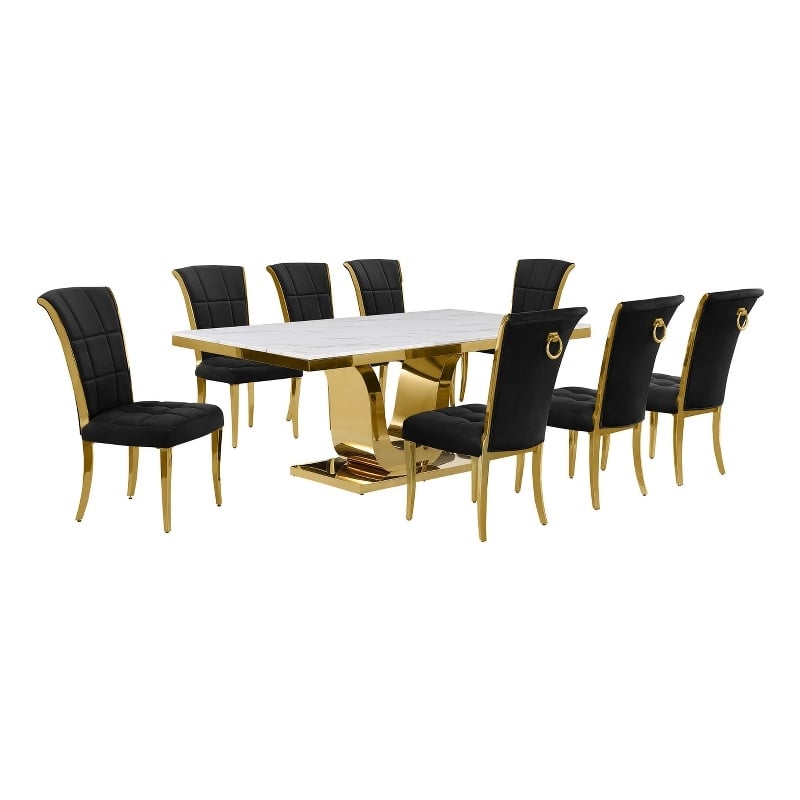 Best Quality Furniture White Marble Dining Set with Black Velvet Chairs