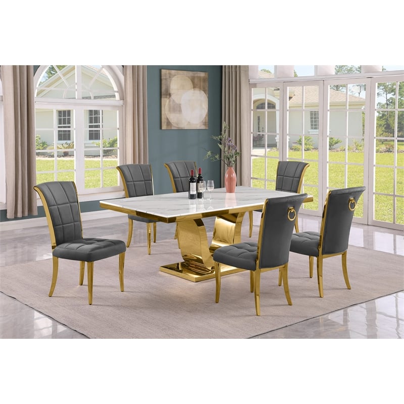 Best Quality Furniture White Marble Dining Set with Dark Gray Velvet Chairs