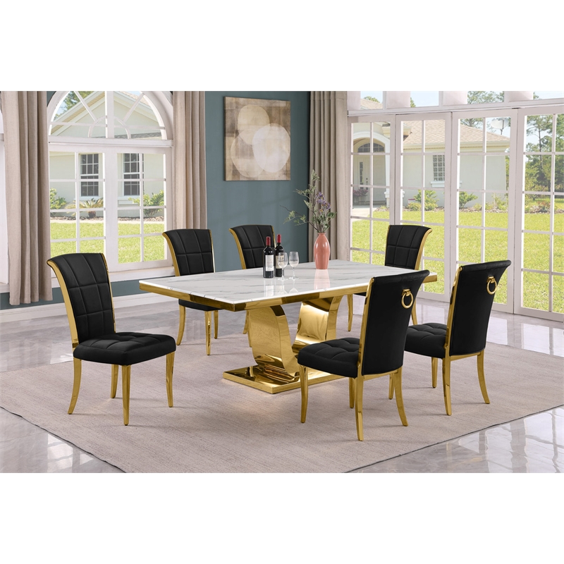 Best Quality Furniture White Marble Dining Set with Black Velvet Chairs
