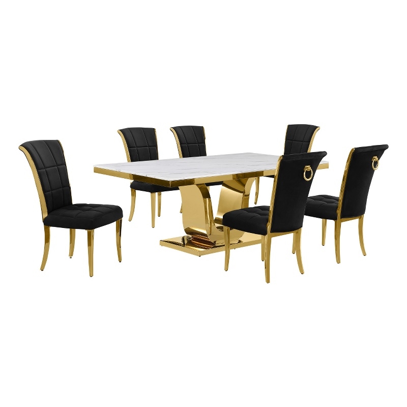 Best Quality Furniture White Marble Dining Set with Black Velvet Chairs