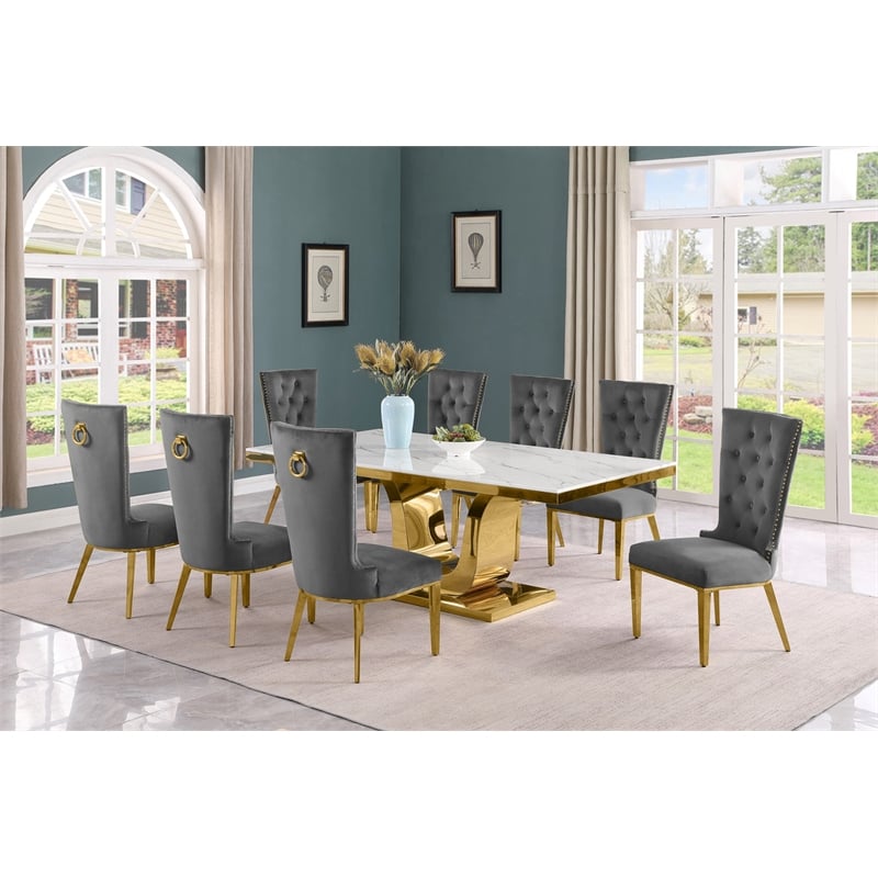 Best Quality Furniture White Marble Dining Set with Dark Gray Velvet Chairs