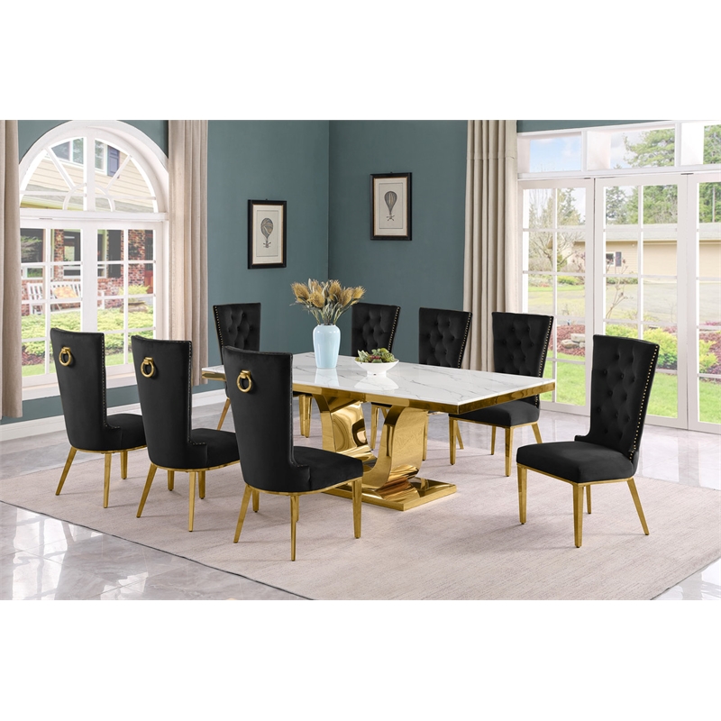 Best Quality Furniture White Marble Dining Set with Black Velvet Chairs