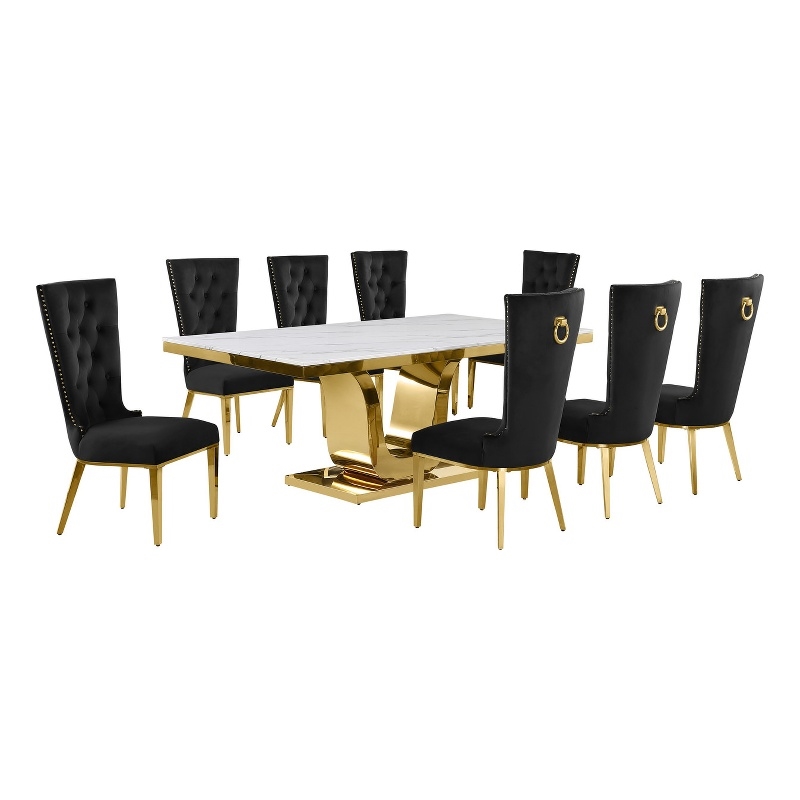 Best Quality Furniture White Marble Dining Set with Black Velvet Chairs