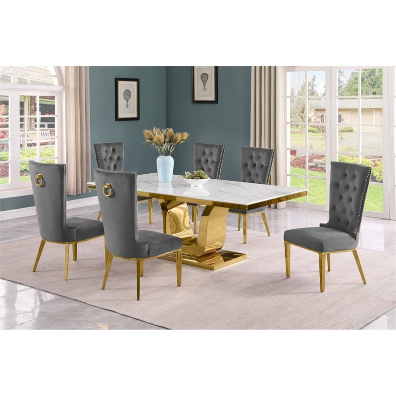 Best Quality Furniture White Marble Dining Set with Dark Gray Velvet Chairs