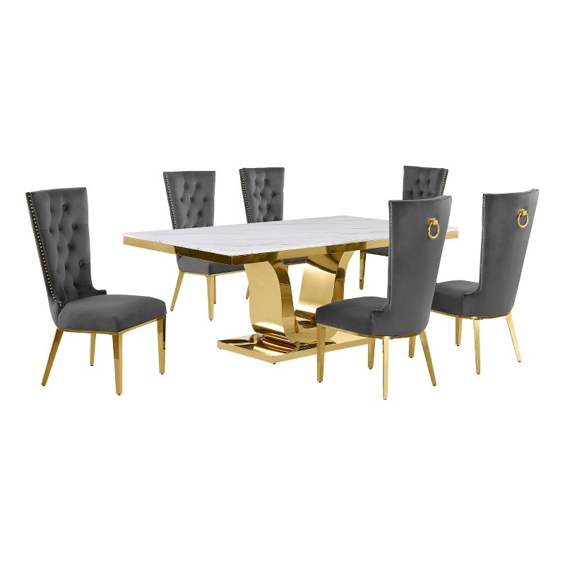 Best Quality Furniture White Marble Dining Set with Dark Gray Velvet Chairs