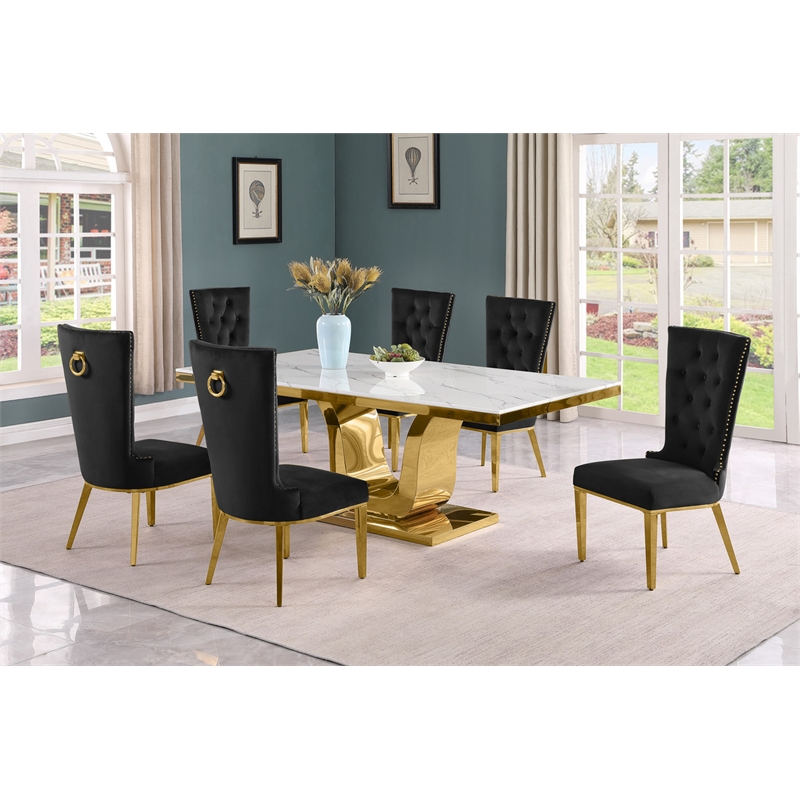 Best Quality Furniture White Marble Dining Set with Black Velvet Chairs