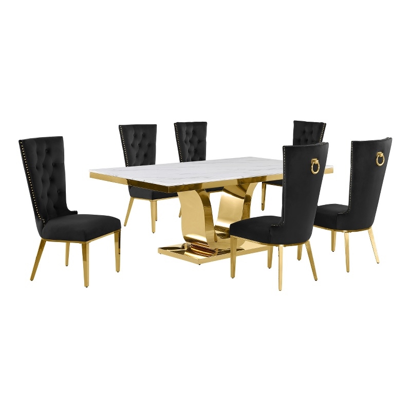 Best Quality Furniture White Marble Dining Set with Black Velvet Chairs