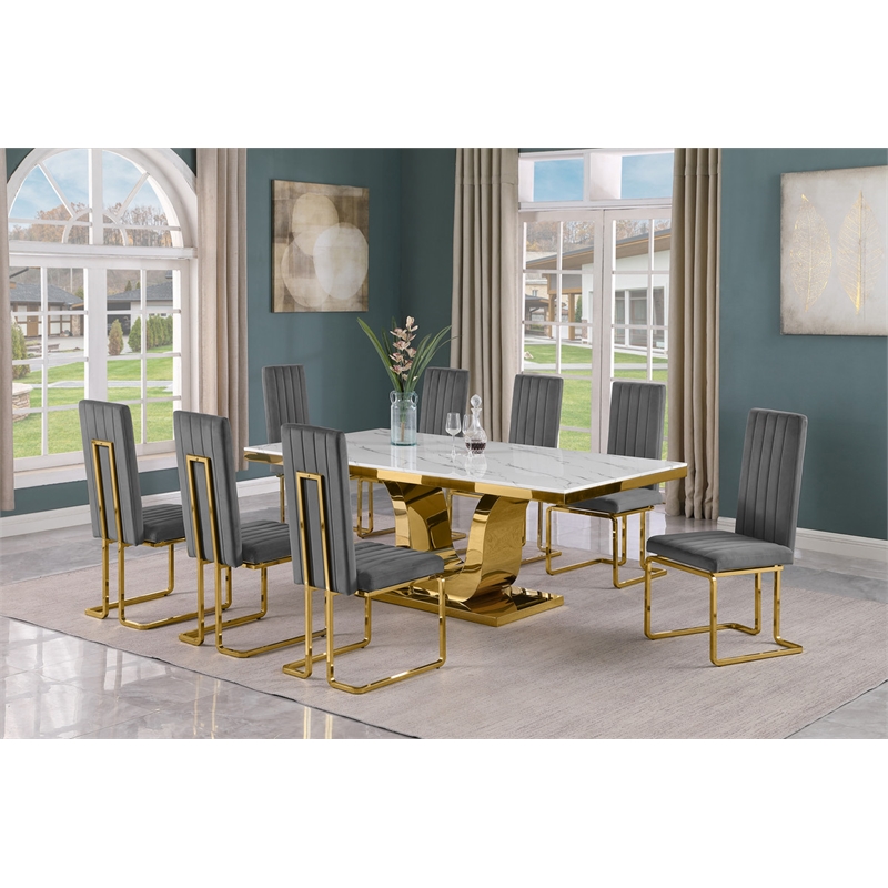 Best Quality Furniture White Marble Dining Set with Dark Gray Velvet Chairs