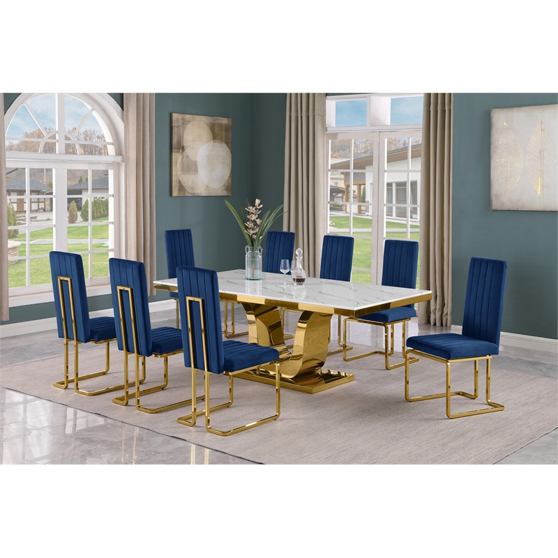 Best Quality Furniture White Marble Dining Set with Navy Blue Velvet Chairs
