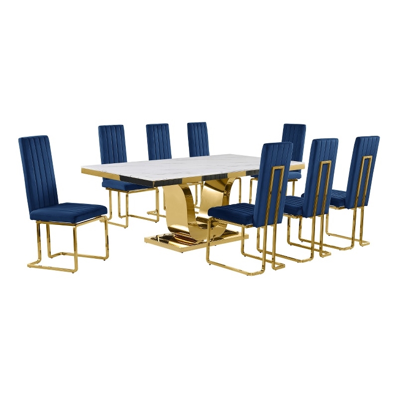 Best Quality Furniture White Marble Dining Set with Navy Blue Velvet Chairs