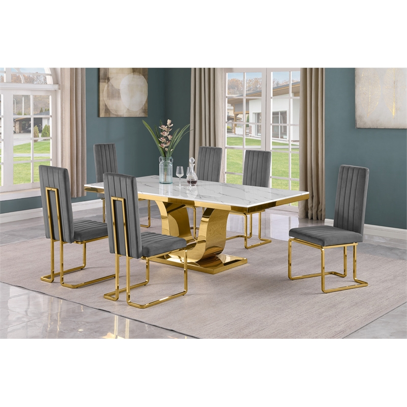 Best Quality Furniture White Marble Dining Set with Dark Gray Velvet Chairs