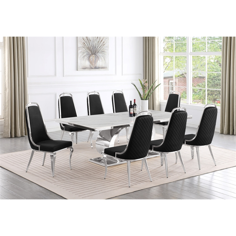 Best Quality Furniture White Marble Dining Set with Black Velvet Chairs