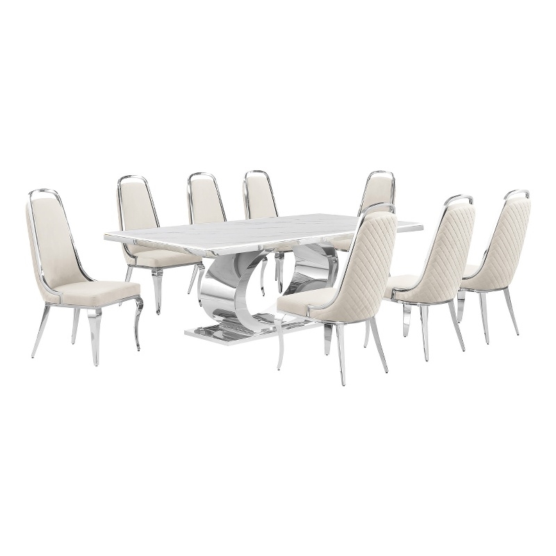 Best Quality Furniture White Marble Dining Set with Cream Velvet Chairs