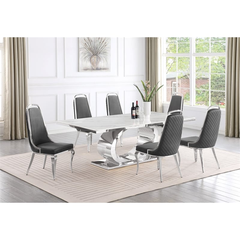 Best Quality Furniture White Marble Dining Set with Dark Gray Velvet Chairs