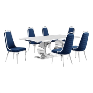 Best Quality Furniture White Marble Dining Set with Navy Blue Velvet Chairs