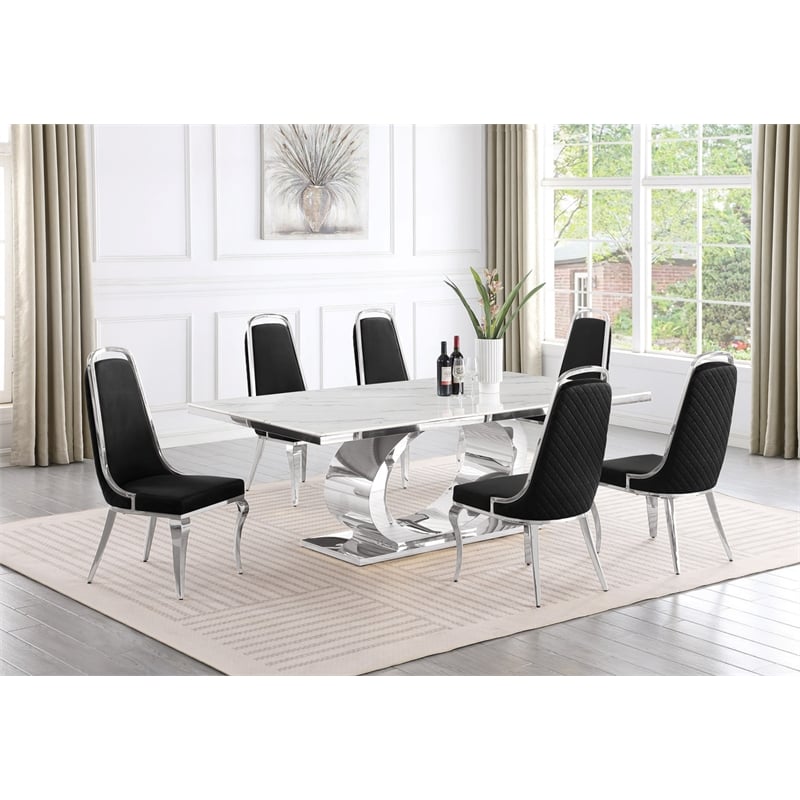 Best Quality Furniture White Marble Dining Set with Black Velvet Chairs
