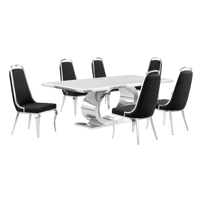 Best Quality Furniture White Marble Dining Set with Black Velvet Chairs