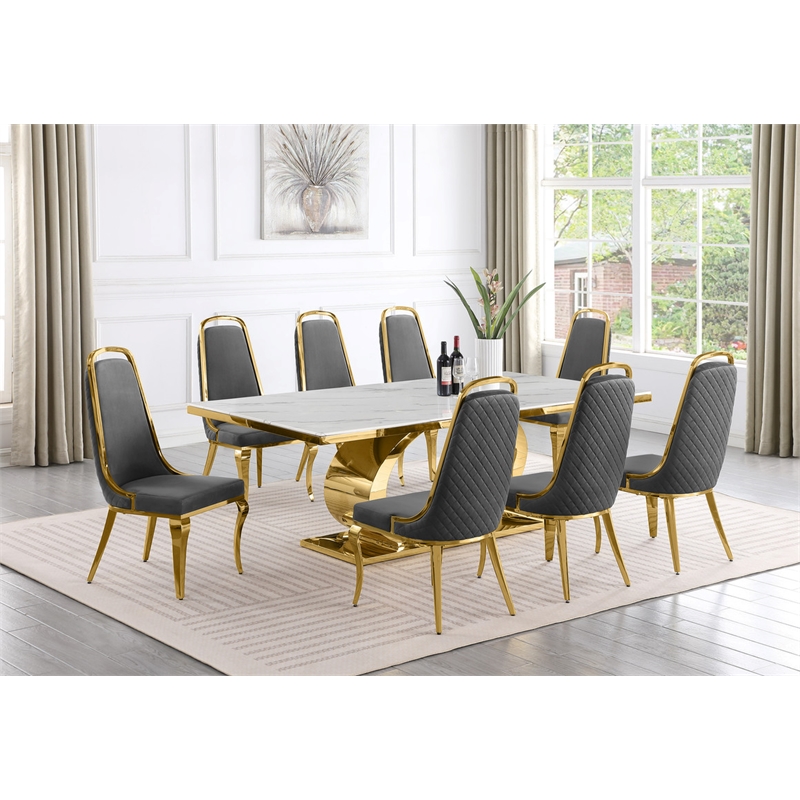 Best Quality Furniture White Marble Dining Set with Dark Gray Velvet Chairs