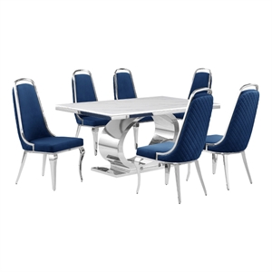 Best Quality Furniture White Marble Dining Set with Navy Blue Velvet Chairs