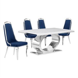 Best Quality Furniture White Marble Dining Set with Navy Blue Velvet Chairs