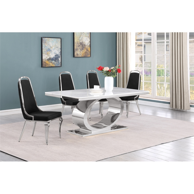 Best Quality Furniture White Marble Dining Set with Black Velvet Chairs