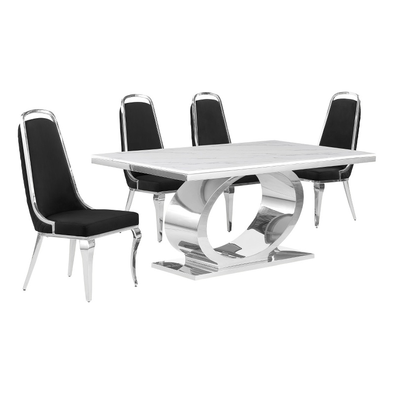 Best Quality Furniture White Marble Dining Set with Black Velvet Chairs
