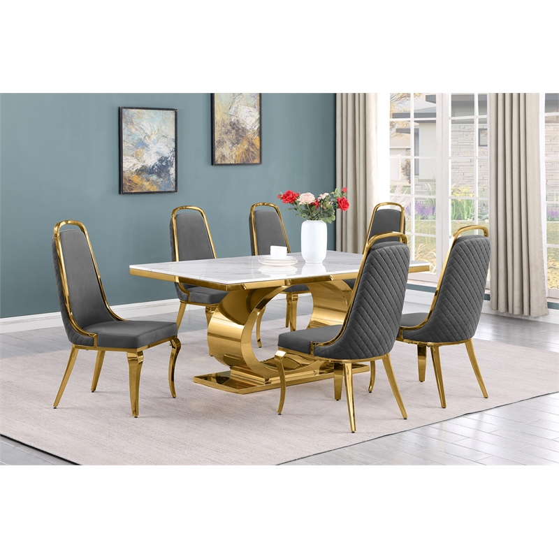 Best Quality Furniture White Marble Dining Set with Dark Gray Velvet Chairs