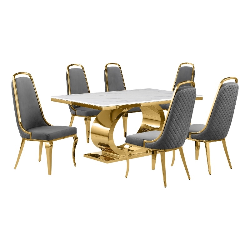 Best Quality Furniture White Marble Dining Set with Dark Gray Velvet Chairs