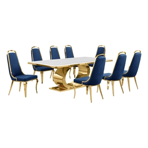 Best Quality Furniture White Marble Dining Set with Navy Blue Velvet Chairs