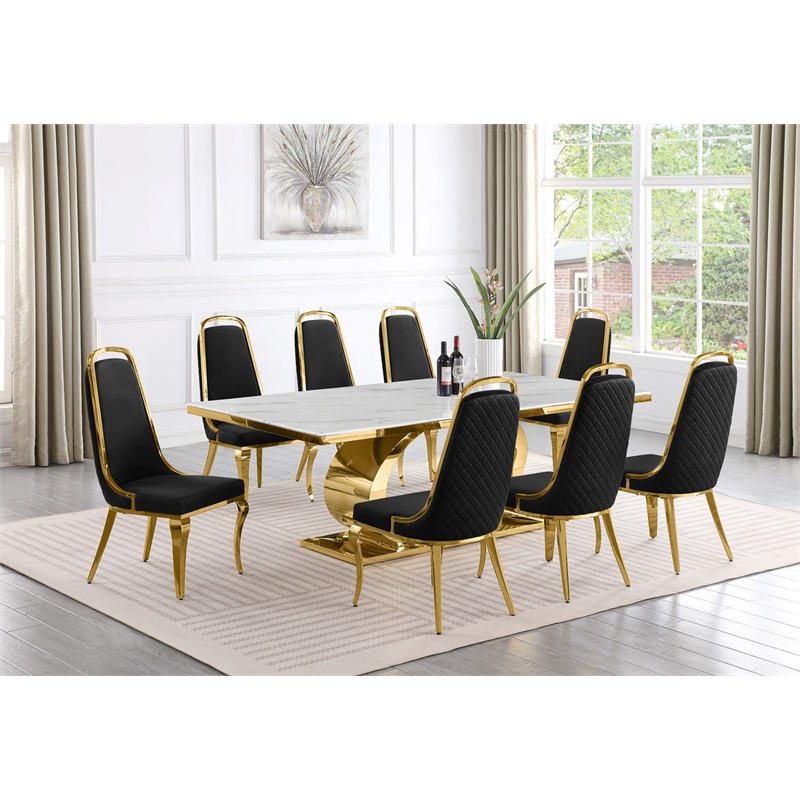 Best Quality Furniture White Marble Dining Set with Black Velvet Chairs