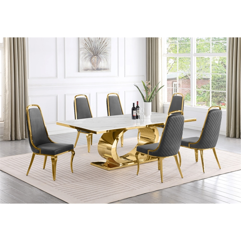 Best Quality Furniture White Marble Dining Set with Dark Gray Velvet Chairs