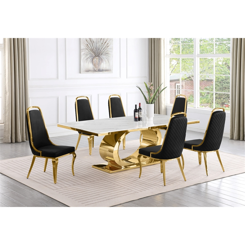 Best Quality Furniture White Marble Dining Set with Black Velvet Chairs