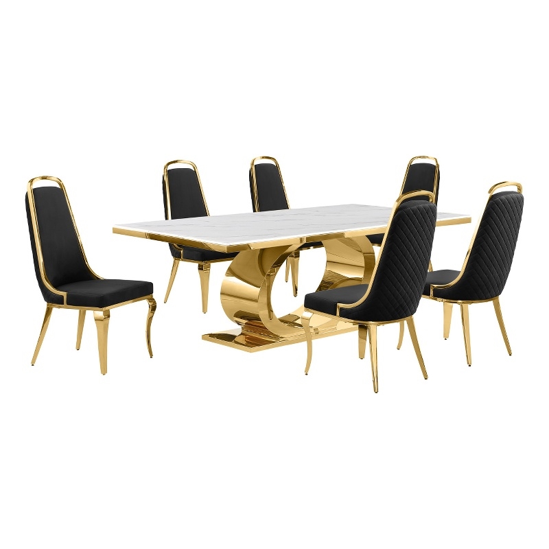 Best Quality Furniture White Marble Dining Set with Black Velvet Chairs