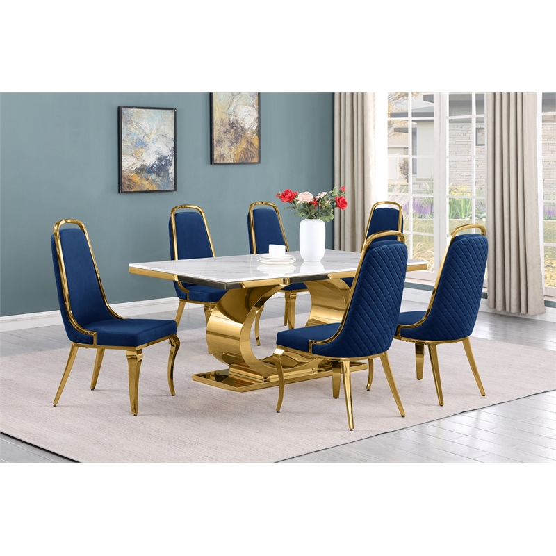 Best Quality Furniture White Marble Dining Set with Navy Blue Velvet Chairs