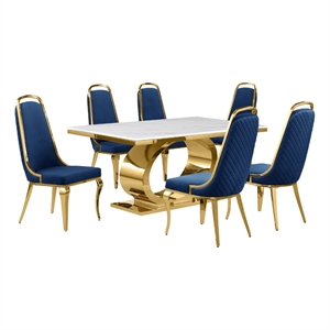 Best Quality Furniture White Marble Dining Set with Navy Blue Velvet Chairs