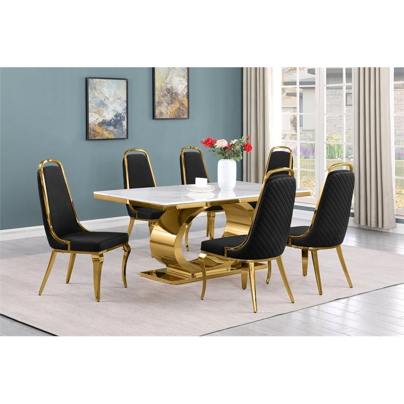 Best Quality Furniture White Marble Dining Set with Black Velvet Chairs