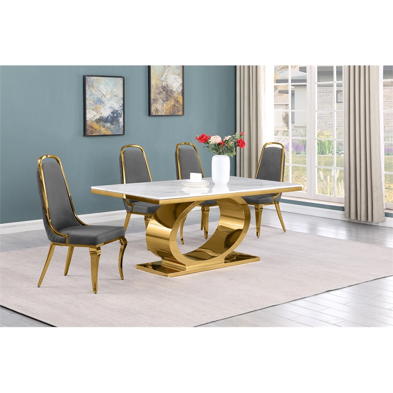 Best Quality Furniture White Marble Dining Set with Dark Gray Velvet Chairs