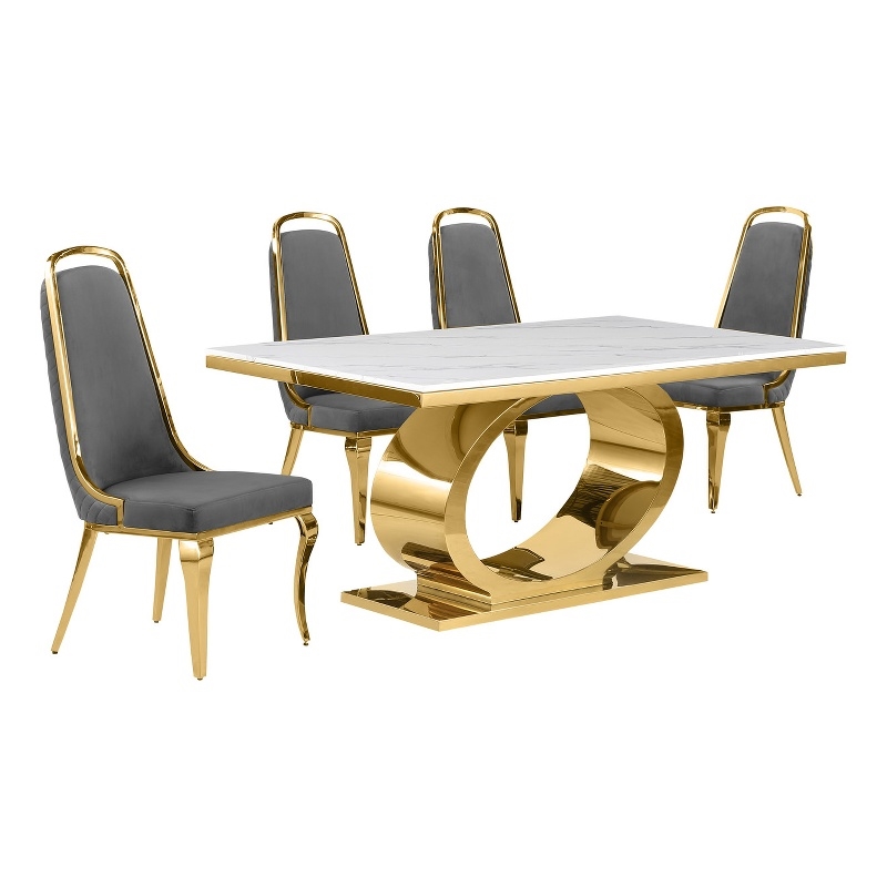 Best Quality Furniture White Marble Dining Set with Dark Gray Velvet Chairs