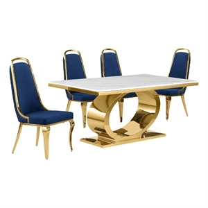 Best Quality Furniture White Marble Dining Set with Navy Blue Velvet Chairs
