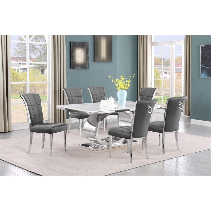Best Quality Furniture White Marble Dining Set with Dark Gray Velvet Chairs
