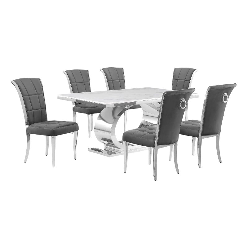 Best Quality Furniture White Marble Dining Set with Dark Gray Velvet Chairs