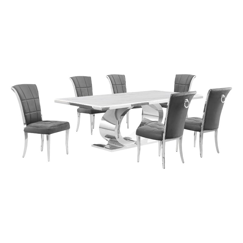 Best Quality Furniture White Marble Dining Set with Dark Gray Velvet Chairs