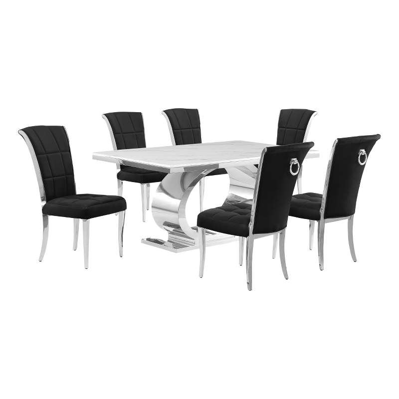 Best Quality Furniture White Marble Dining Set with Black Velvet Chairs