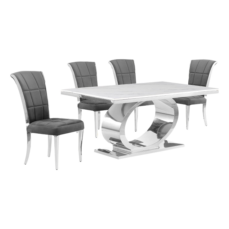Best Quality Furniture White Marble Dining Set with Dark Gray Velvet Chairs