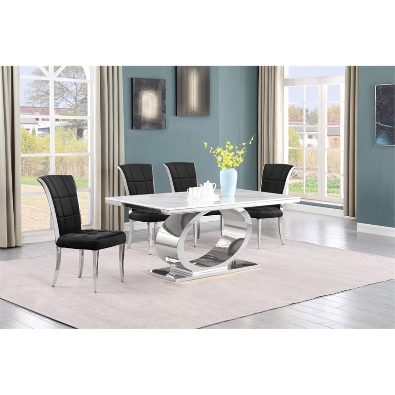 Best Quality Furniture White Marble Dining Set with Black Velvet Chairs