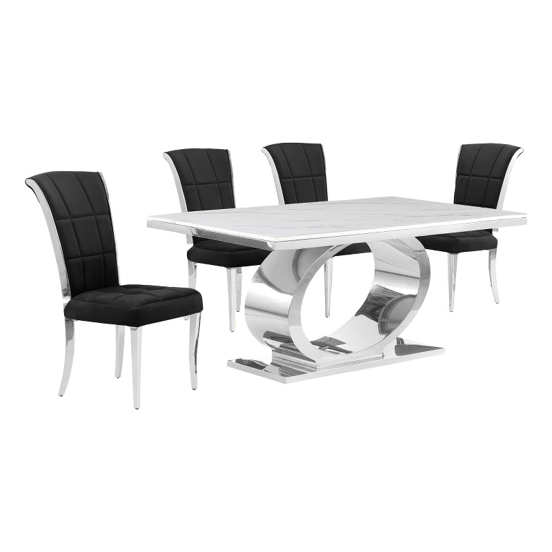 Best Quality Furniture White Marble Dining Set with Black Velvet Chairs