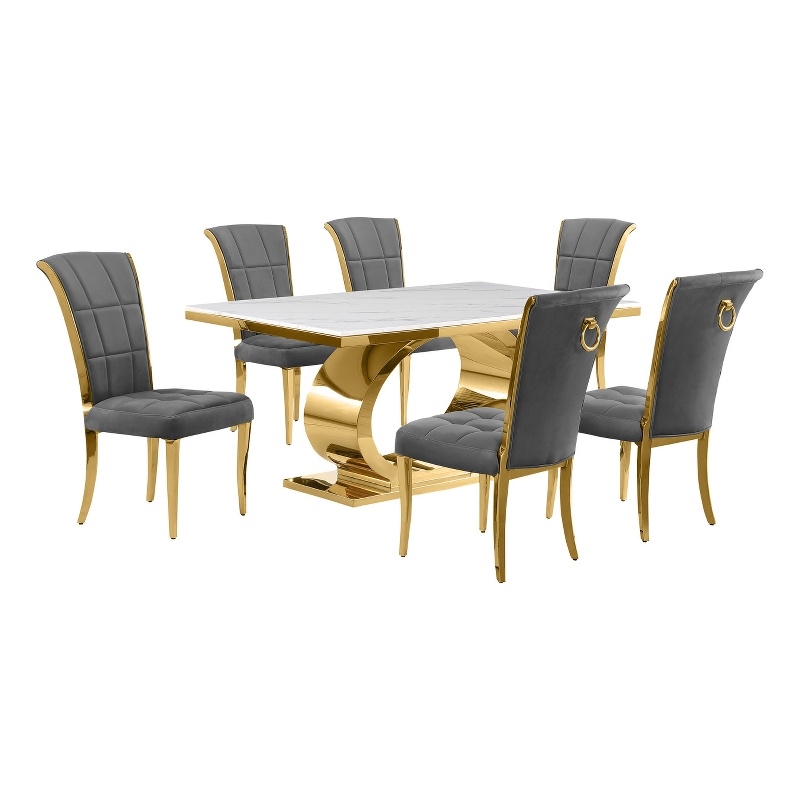 Best Quality Furniture White Marble Dining Set with Dark Gray Velvet Chairs