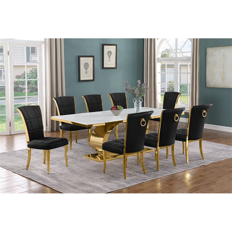 Best Quality Furniture White Marble Dining Set with Black Velvet Chairs