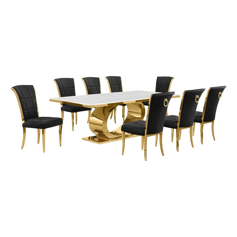 Best Quality Furniture White Marble Dining Set with Black Velvet Chairs